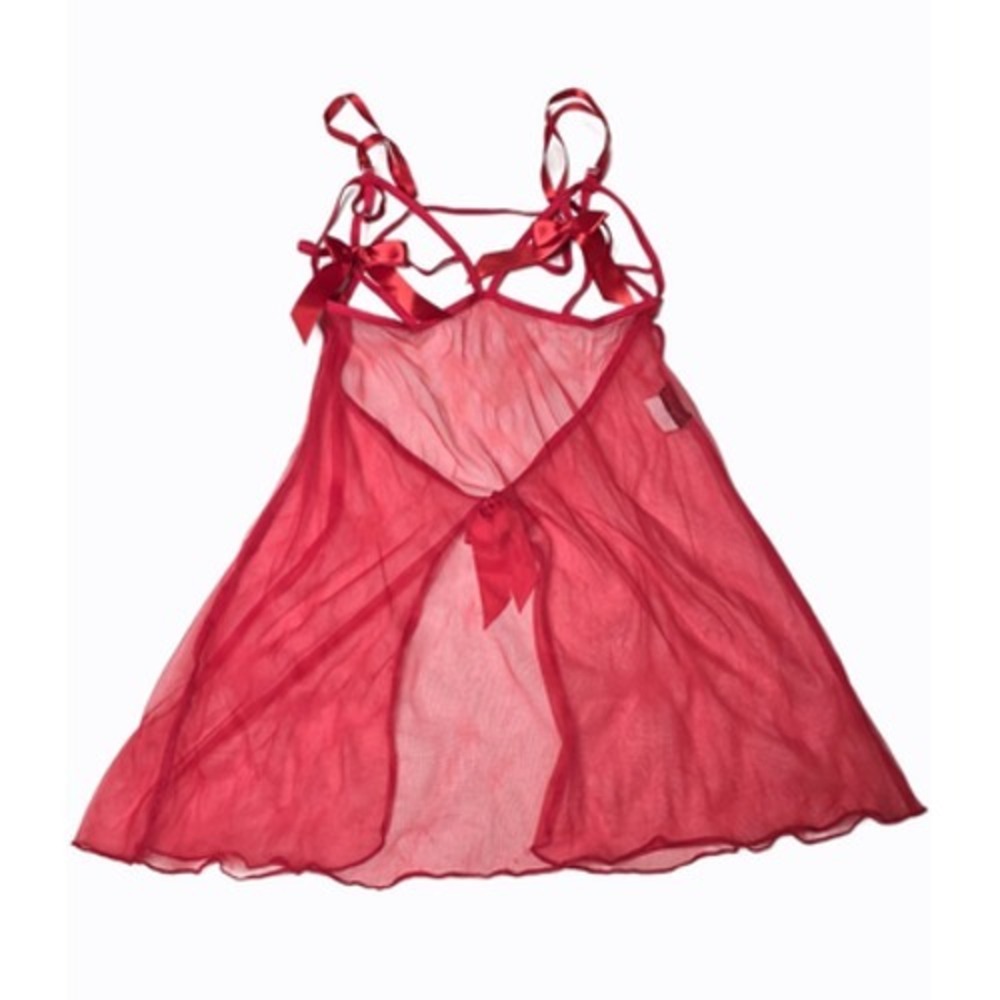 Vtg Dreamgirl Lingerie Babydoll Gown Queen O/S Red Sheer Mesh Bow Strappy Plus
